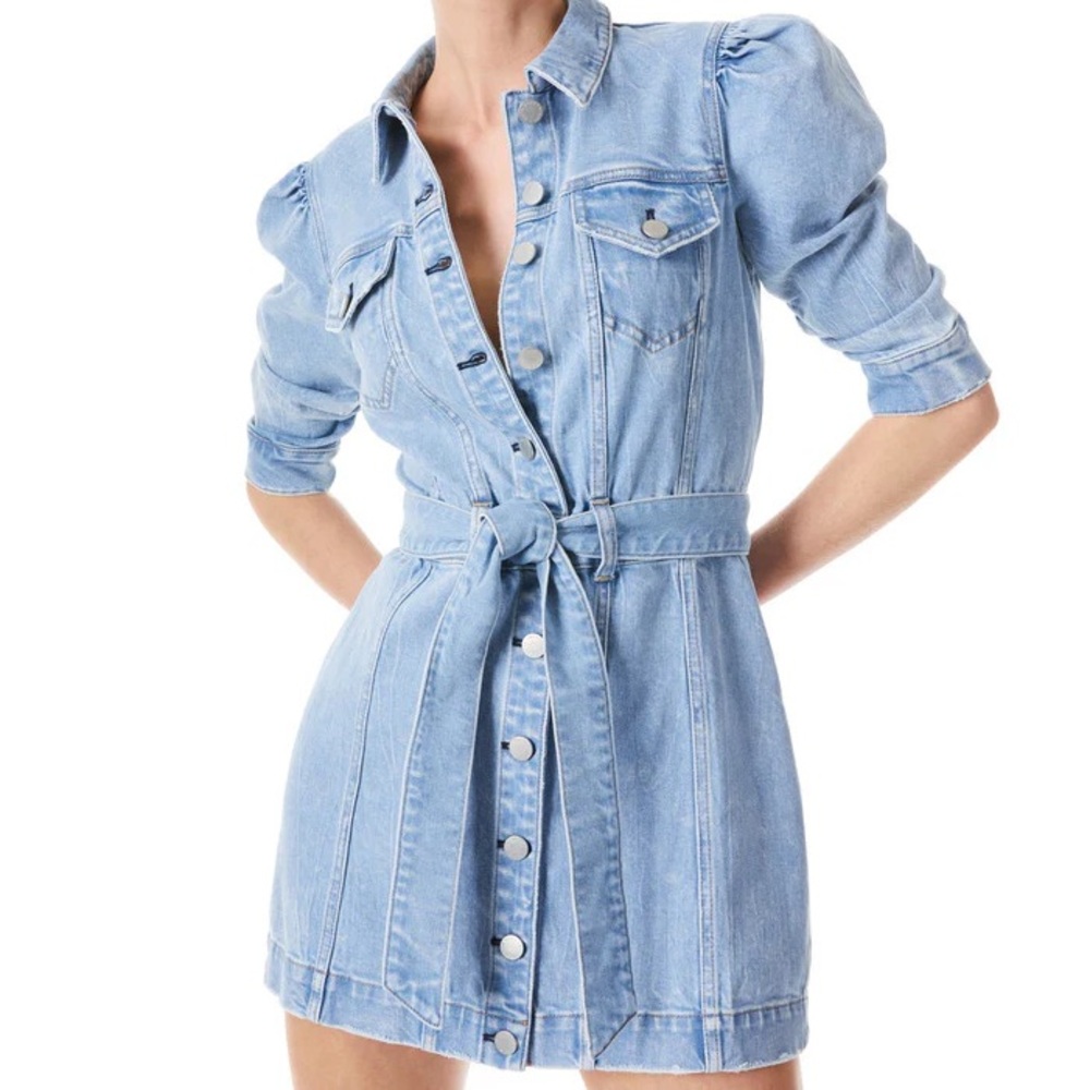 Alice + Olivia Magali Ruched Puff Sleeve Belted Denim Mini Dress
